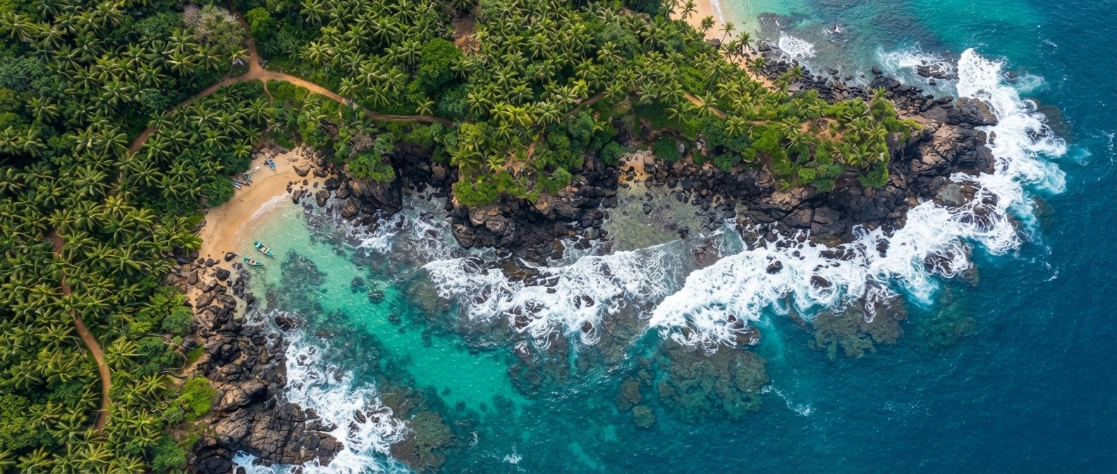 Aerial view of a palm-covered rocky coastline in Sri Lanka