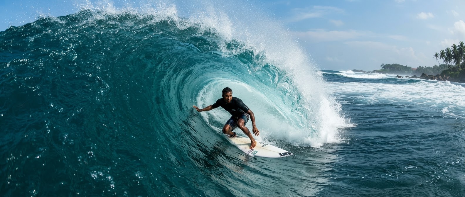 Surfer riding inside a large turquoise wave off the Sri Lankan coast