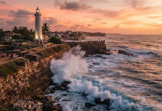 Galle lighthouse framed by palm trees